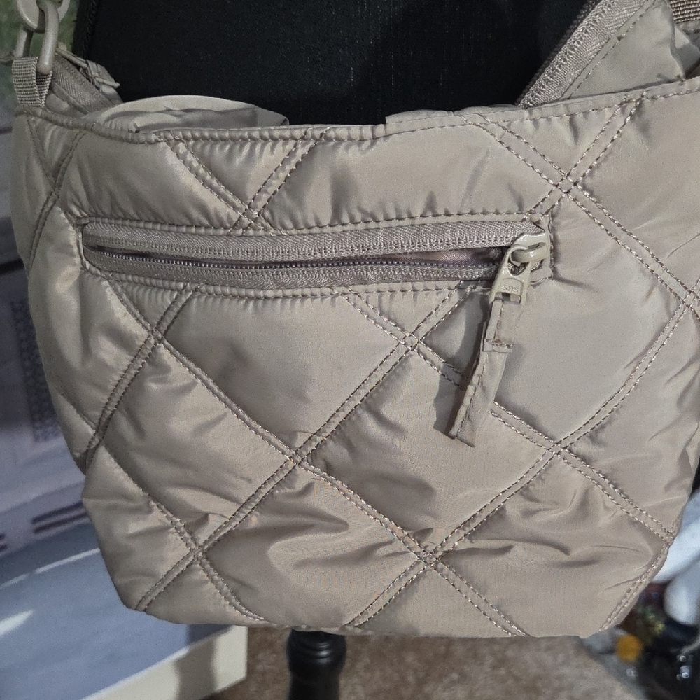 Quilted Taupe Crossbody Bag with Adjustable Strap - Picture 3 of 13